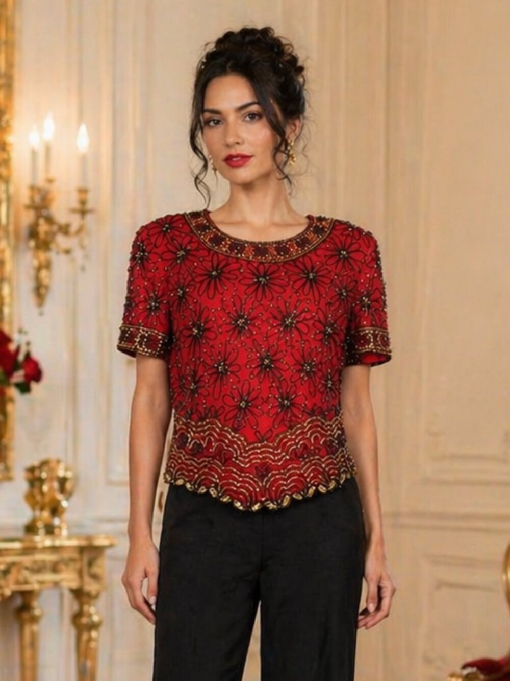 Papell Boutique Silk Beaded Blouse Red Floral Vintage Small